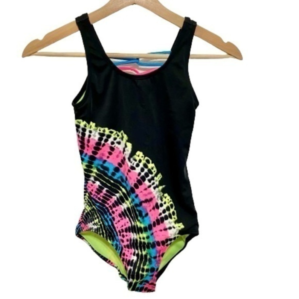 Justice girls one piece swimsuit black with pink blue yellow neon tie dye 8